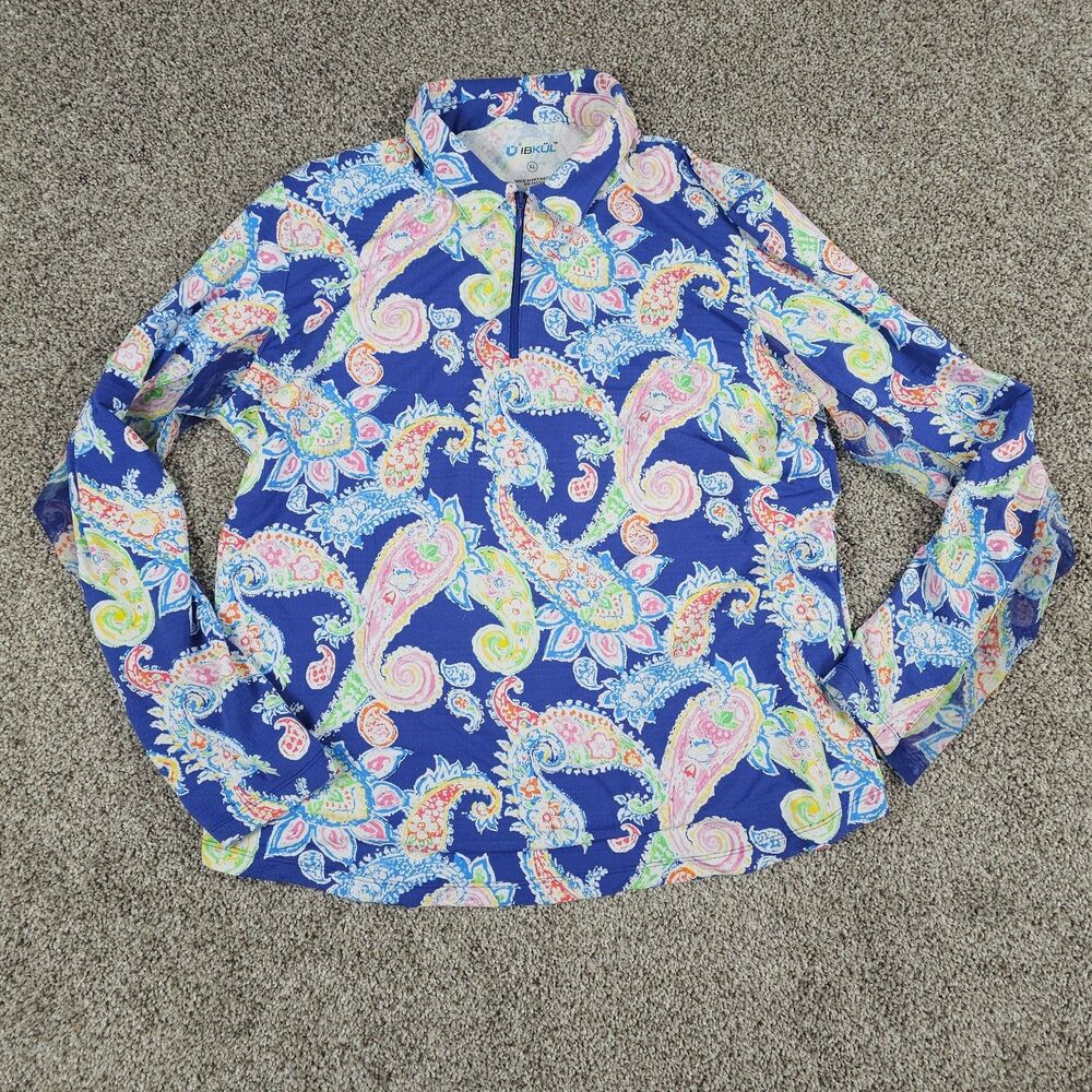 Ibkul Shirt Womens XL Blue Paisley 1/4 Zip Golf Stretch Performance Long Sleeve